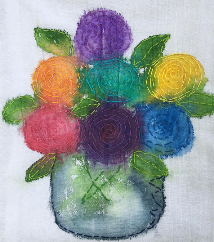 Embroidered and Hand Painted Bouquet Tea Towel